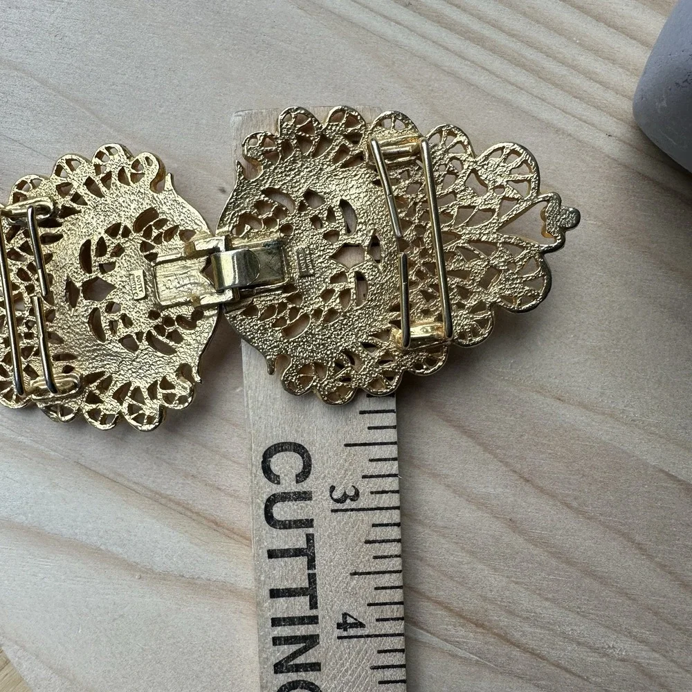 VTG Dotty Smith‎ Belt Buckle 5 Inch Ornate Gold Plated Open Interlocking 2 Piece